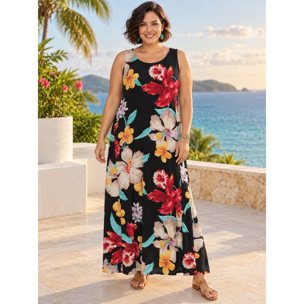 Boho Tropical Summer Slinky Floral Stretchy Black Red Hibiscus XL Maxi Dress